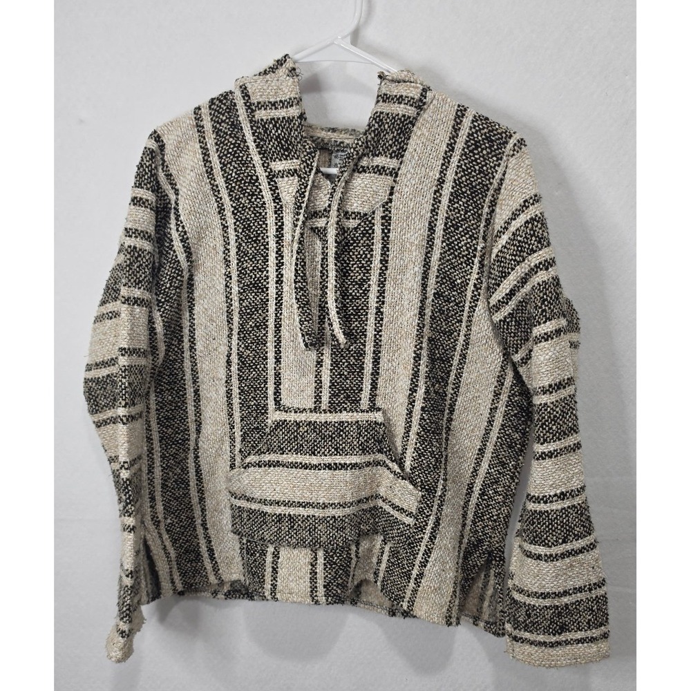 Artisan Woven Mexican Baja Hoodie Black Cream Striped Jerga Pullover Sweater